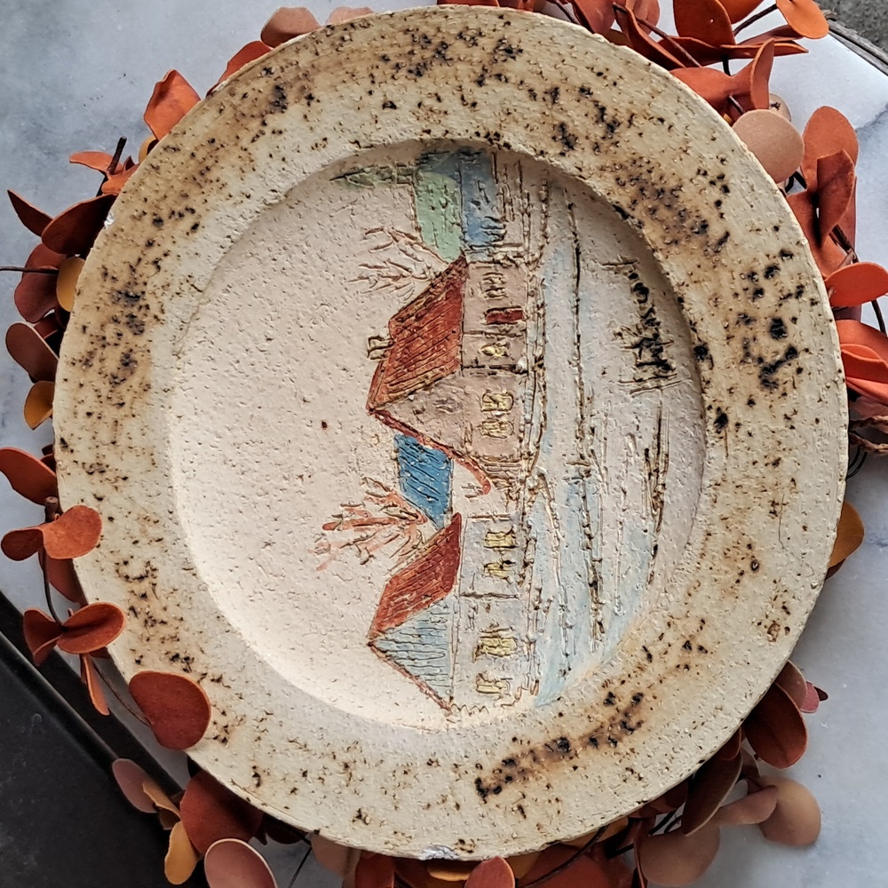 Vintage HUBERT du ROSCOAT Signed Hand Painted Rustic Etched Plate Wall Hanging
